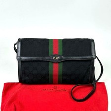 GUCCI GG Sherry Line Shoulder Bag Crossbody Canvas Leather Black Authentic