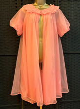 Vintage 50s LAROS CHIFFON ROBE Medium PINK Nylon LACE Leaf Applique Babydoll