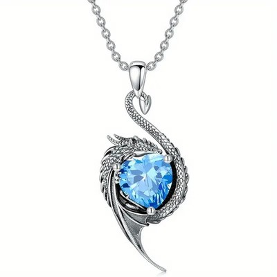 Elegant 925 Sterling Silver Unique Rhinestone Flying Dragon Pendant Necklace