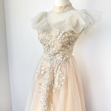 Romantic Blush A-line Wedding Dresses Flutter Sleeve Illusion Neckline Bridal