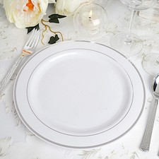10 pcs Plastic WHITE Silver Rim 10" PLATES Disposable Party Wedding Catering