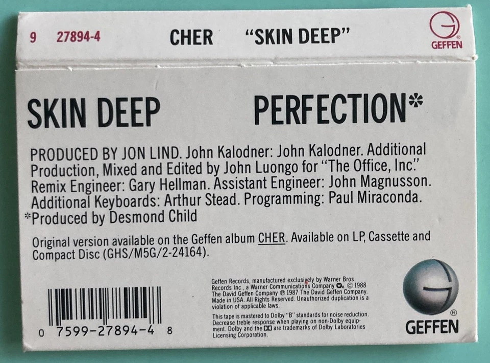 Cher Cassette Cardboard Single Cover ONLY From Song SKIN DEEP & PERFECTION 1987 Foto 2 de 2