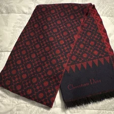 Christian Dior Scarf Red Navy Geometric Logo Fringe Luxury Wool Blend Flaw