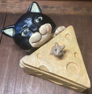 Vintage 1995 Figi Graphic Cat Mouse Cheese Resin Trinket Box