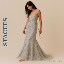 Stacees Mermaid Sequin Gown Court Train Silver Glam Prom Wedding Custom Size NWT