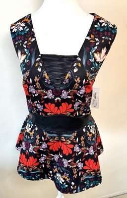 New Bisou Bisou Women's Large Peplum Blouse V-Neck Floral Faux Leather Detail