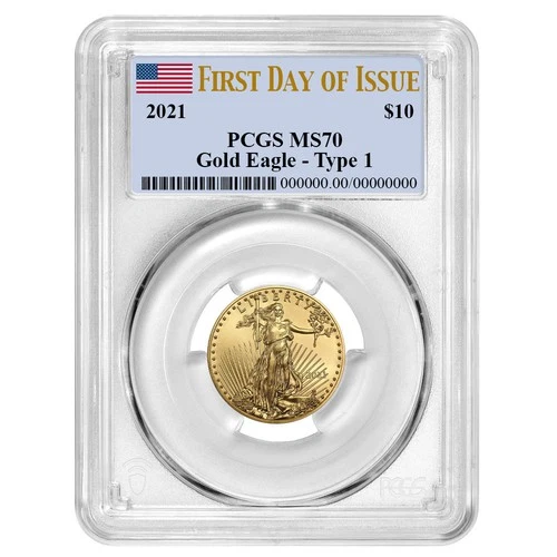 2021 $10 Type 1 American Gold Eagle 1/4 oz PCGS MS70 FDOI Flag Label