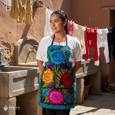 Mexican Embroidered Bib Apron for Women Multicolor with Floral Design
