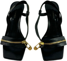 VERSACE Black Leather Medusa Safety Pin Zipper Slingback Sandals Italy 38 - 8US