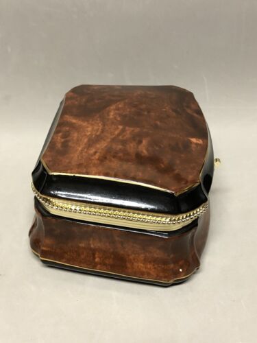 Fancy Ceramic Square Hinged Trinket Box Brown Marbled Black Band Gold Trim - Foto 4 di 11
