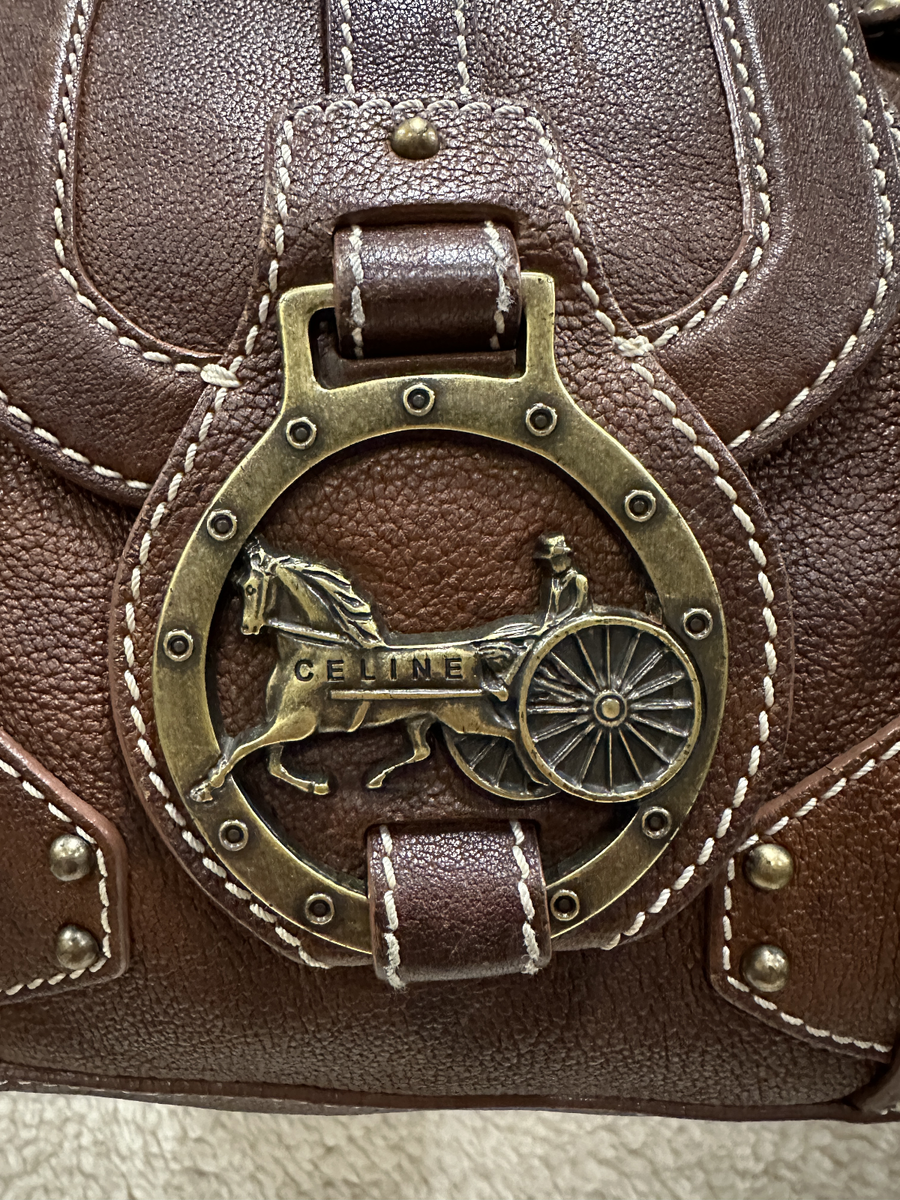 Celine Brown Leather Handbag Handle Purse Satchel Horse Buggy Logo