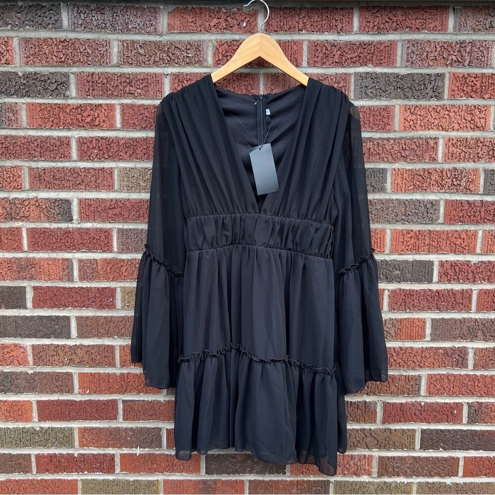 black deep v dress Tasneem Gown - Noir Pleated Satin Gown with Plunge Neckline and open back with STRADA Black Alligator Texture Size:24 Month mermaid_dress