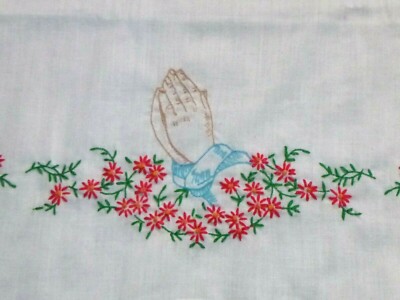 Pr Vtg Embroidered Pillowcases Red Flowers Praying Hands Cotton Blend