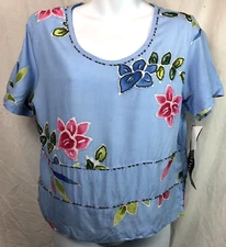 Nwt Paradiso Top S Blue Hand Painted Floral Beaded Scoop neck Art Beach Tropical