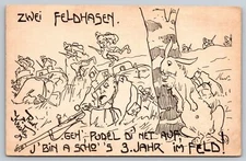 Zwei Feldhasen "Geh', pudel di net auf" Hare and Soldier Old German Postcard