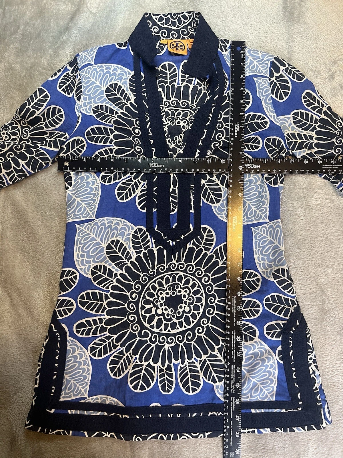 Top tunica Tory Burch blu stampa Tory donna taglia 2 100% cotone vacanze