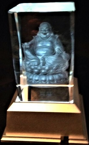 3D LAUGHING BUDDHA ON LOTUS FLOWER CRYSTAL Laser+4 LED LIGHT BASE NEW GIFT BOX - Picture 4 of 6