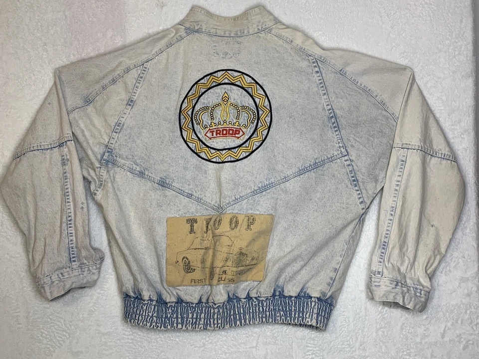 复古 Troop Crown 90 年代水洗牛仔夹克全拉链刺绣 XL 码 — 第 2/4 张图片