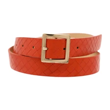 Women Orange Basket Weave Skinny Belt Gold Square Buckle S M Work School Style