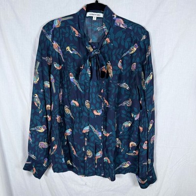 Elizabeth and James Winnie Blouse M Teal Black Bird Print Silk Blend Tie Neck