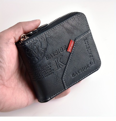 Men's PU Leather Wallet Short Zipper Coin Purse Card Holder Black