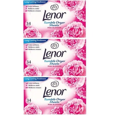 Lenor Fabric Tumble Dryer Sheets Pink Blossom, 3 Packs of 34 Sheets