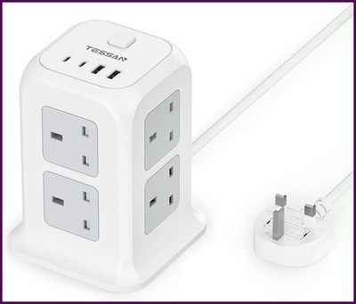 TESSAN Tower Verlängerungskabel 4 USB Slots (2 USB C), Verlängerungskabel 13A 3250W,...