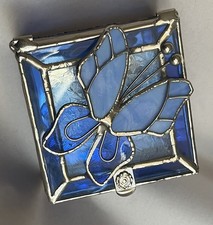 VTG Handmade Stained Glass Royal Blue Jewelry Trinket Box Slag Glass Butterfly