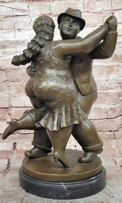 Signed Bronze Dancing Couple Statue Abstract Modern Botero Style Sculpture Gift