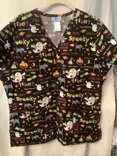 SB Scrubs Halloween Black BOO Spooky Print Nurse Healthcare Uniform Top Large