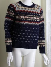 Woolrich Women's Sz S Navy Blue Chunky Fair Isle 100 Wool Crewneck Sweater