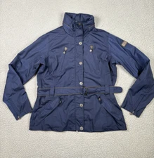 Horze Crescendo Equestrian Moments Jacket Womens Large Blue Belted Hooded Riding