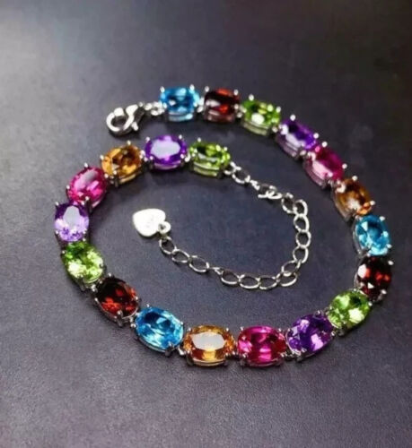 6Ct Oval Lab Created Multi Color Gemstones Tennis Bracelet 14K White Gold Plated - Picture 4 of 7