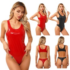 Womens Backless Leather Bodysuit Shiny Wet Look High Cut Thong Swimsuit Swimwear