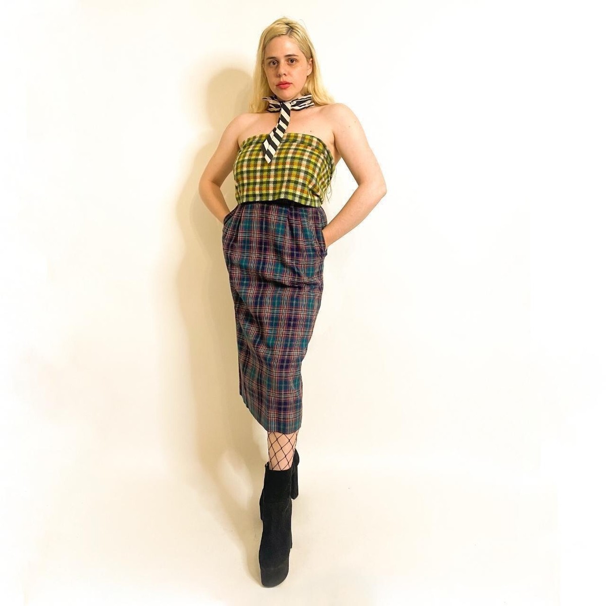 Vintage plaid skirt blue high waisted pleated pencil with