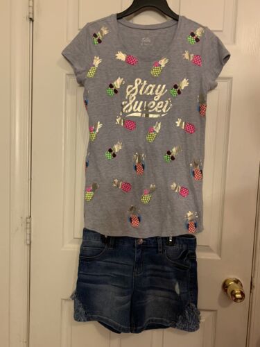 Girls Justice “STAY SWEET” Graphic Top & Distressed Denim Shorts size 18 - 第 1/8 張圖片