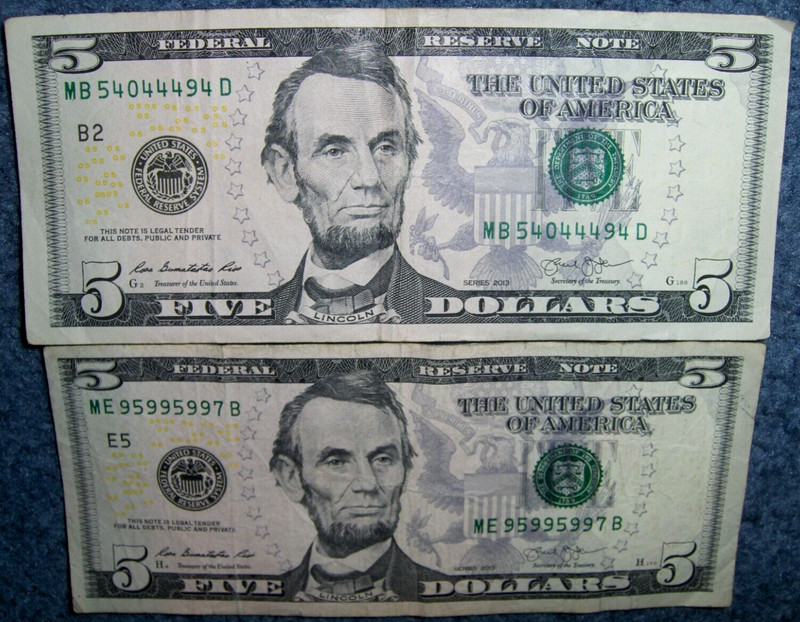 LOT OF TWO FIVE DOLLAR FEDERAL RESERVE NOTES WITH FIVE-OF-A-KIND SERIAL NUMBERS!