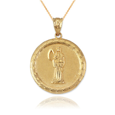 Yellow Gold Santa Muerte Medallion Pendant Necklace