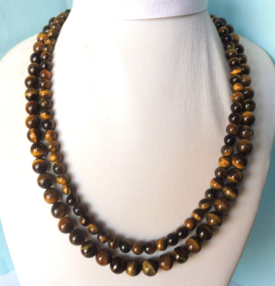 Collier en Œil de Tigre Véritable 365 Cts | Double Rang de Perles 6 et 8mm de Qualité Premium