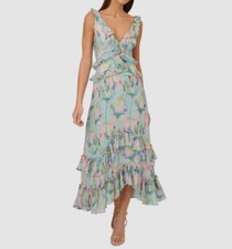 Adrianna Papell Women's Green Chiffon Floral V-Neck Sleeveless Dress Size 2
