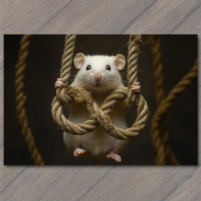POSTCARD Adorable White Mouse Hanging on Ropes Cute Animal Moment Infinity