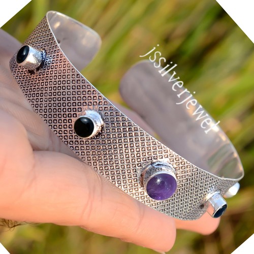 Bracelet Manchette Ovale En Argent Sterling 925 Avec Onyx Noir - Pierre Naturelle | Fait Main En Inde | Taille Réglable