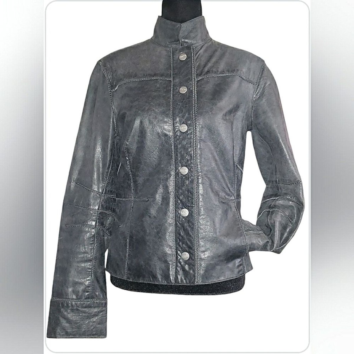 Vintage Italian Leather Small Steel Gray Motorcycle Chic Jacket