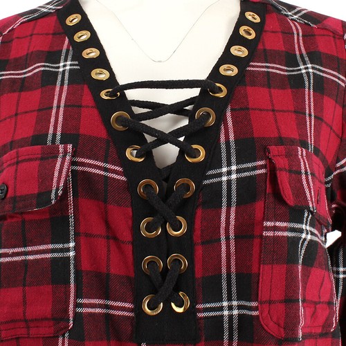 Women's Long Sleeve V-Neck Lace Up Front Flannel Plaid Top Shirt S M L - Picture 12 of 37