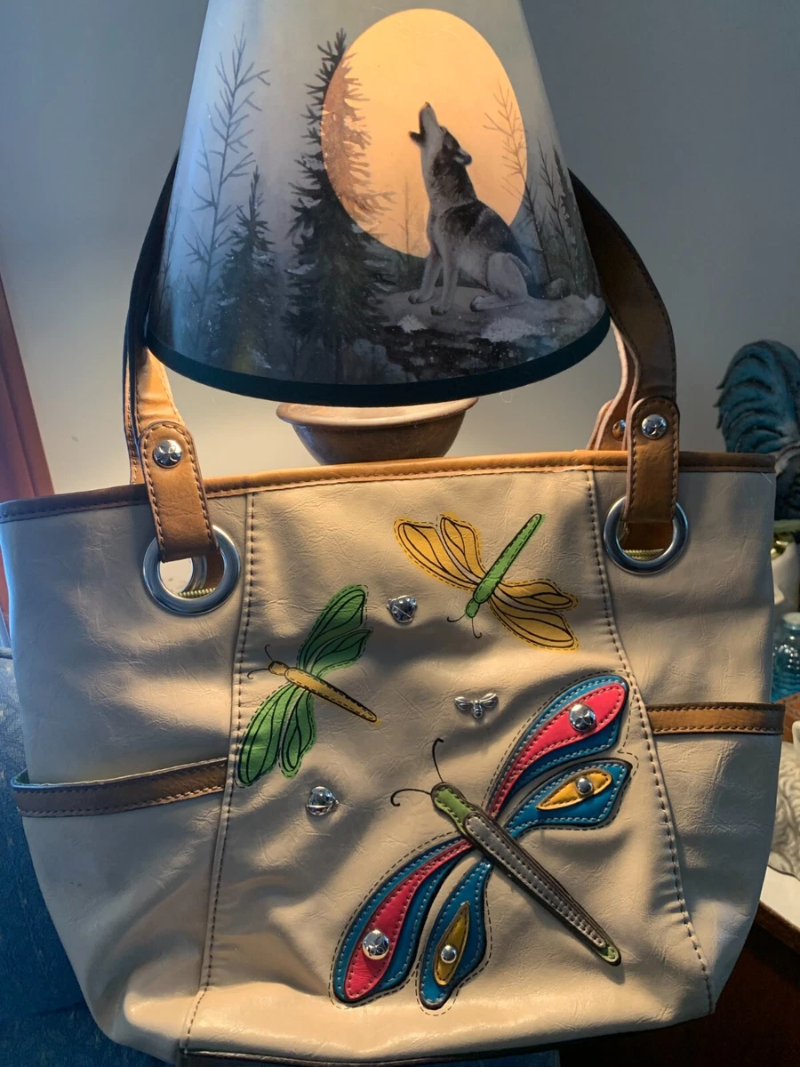 RELIC Dragonfly Brown Tan Faux Leather Purse Shoulder Bag Handbag Side Pockets