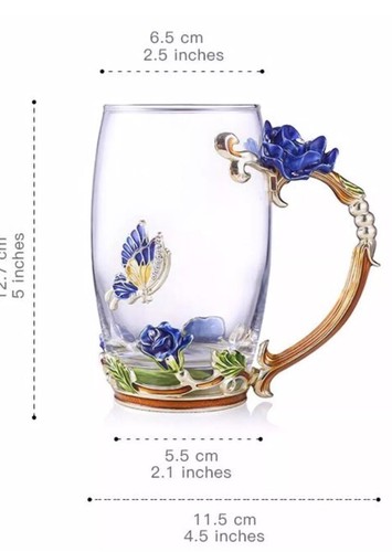 Luxury Unique Set Glass Tea Cup Royal Blue Rose Coffee Mug Gold Enamel Gift New - Picture 7 of 8
