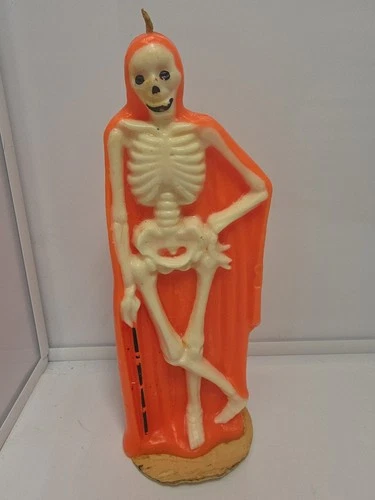 Vintage LARGE 8.25" Gurley Skeleton Candle Halloween Made in USA Orange Cape - product listing photo