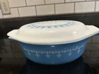 PYREX Blue Snowflake Oval Glass Casserole With Lid 1 1/2 QT Vintage