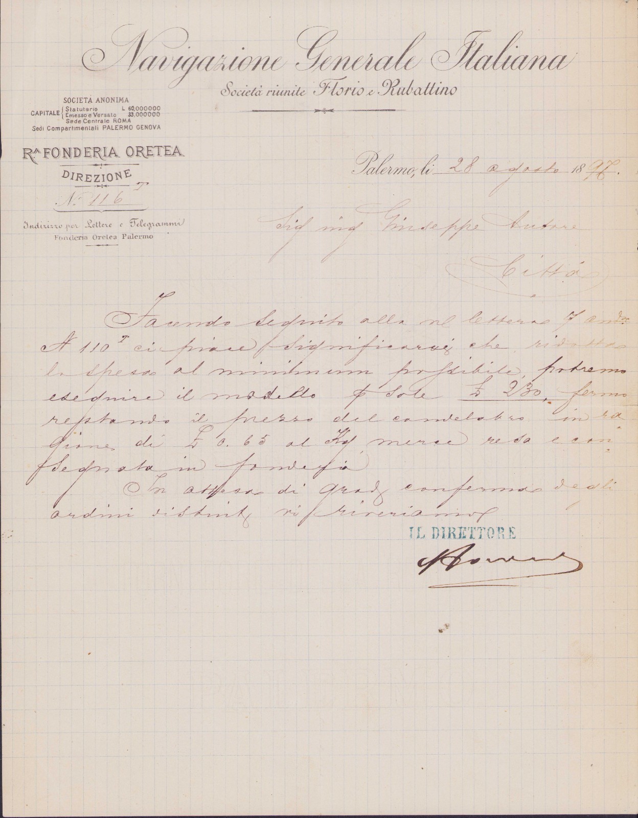 PALERMO 1894 lettera NAVIGAZIONE GENERALE ITALIANA / FONDERIA ORETEA