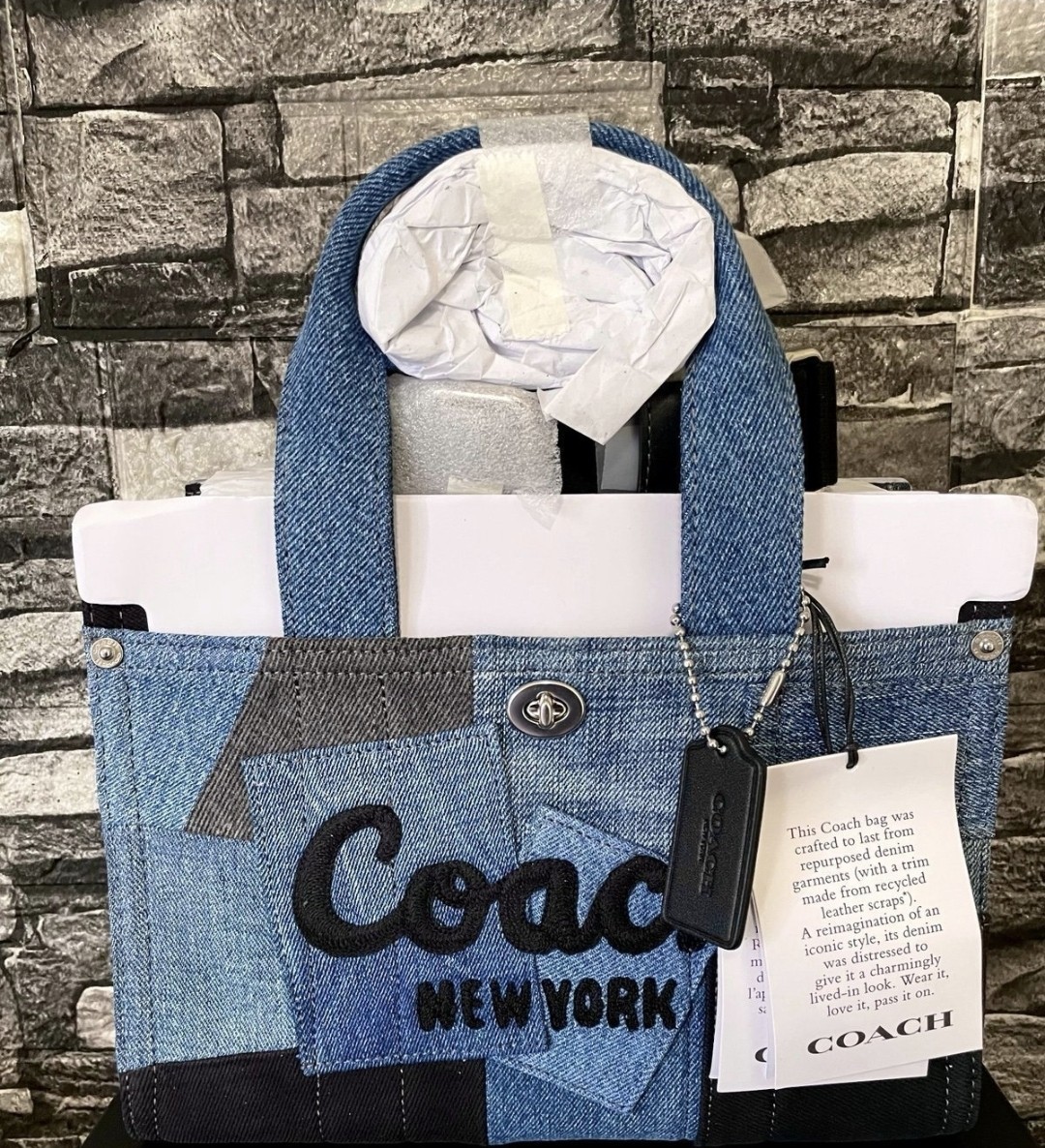 Coach Cargo 26 Denim Patchwork ? Tote Bag Zip Top Detachable 